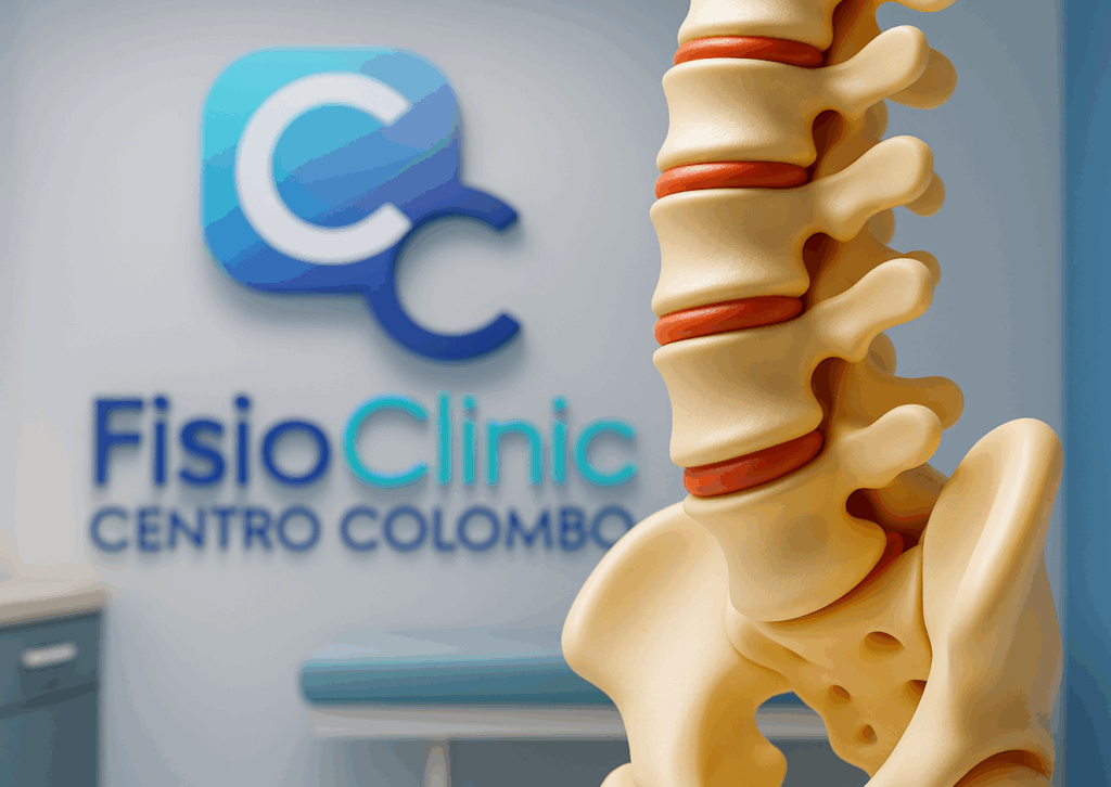 Modello 3D della colonna vertebrale con dischi intervertebrali evidenziati, sullo sfondo logo FisioClinic Centro Colombo Genova, centro specializzato in fisioterapia e riabilitazione per ernia del disco lombare.