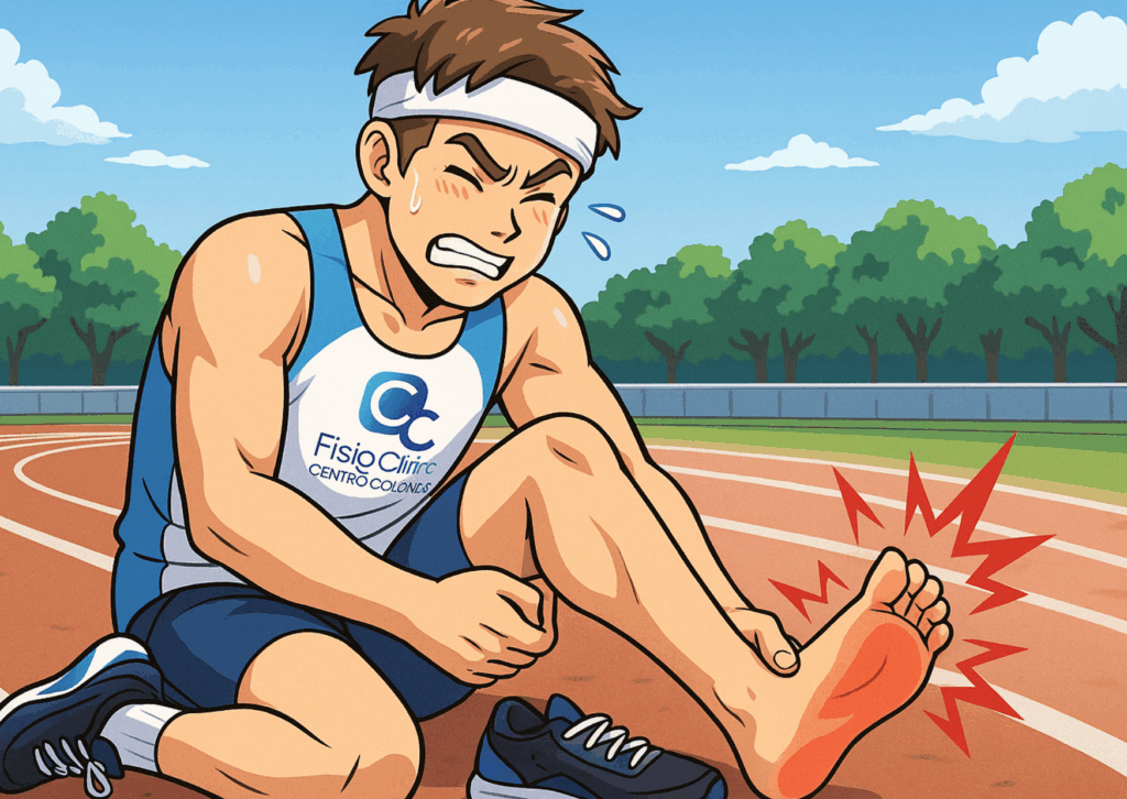 Illustrazione in stile manga di un runner con dolore acuto alla pianta del piede causato da fascite plantare, durante l’allenamento in pista. L’atleta indossa una divisa con il logo FisioClinic Centro Colombo Genova.