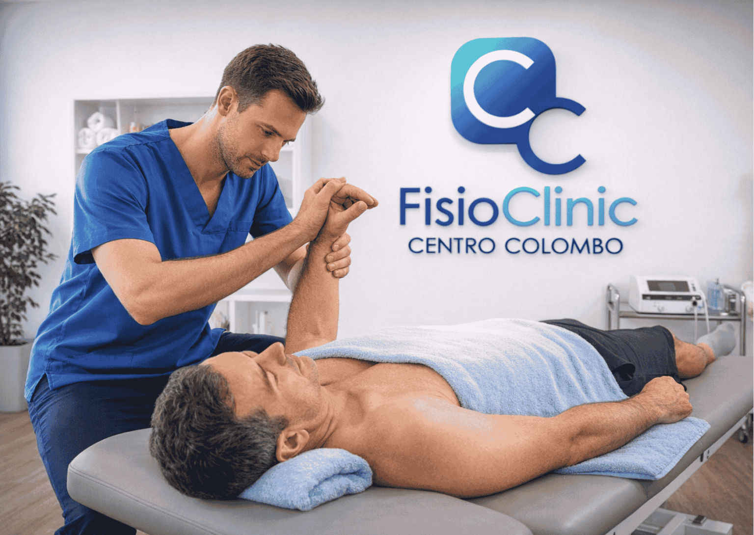 Fisioterapista esegue mobilizzazione passiva della spalla su paziente con capsulite adesiva presso FisioClinic Genova