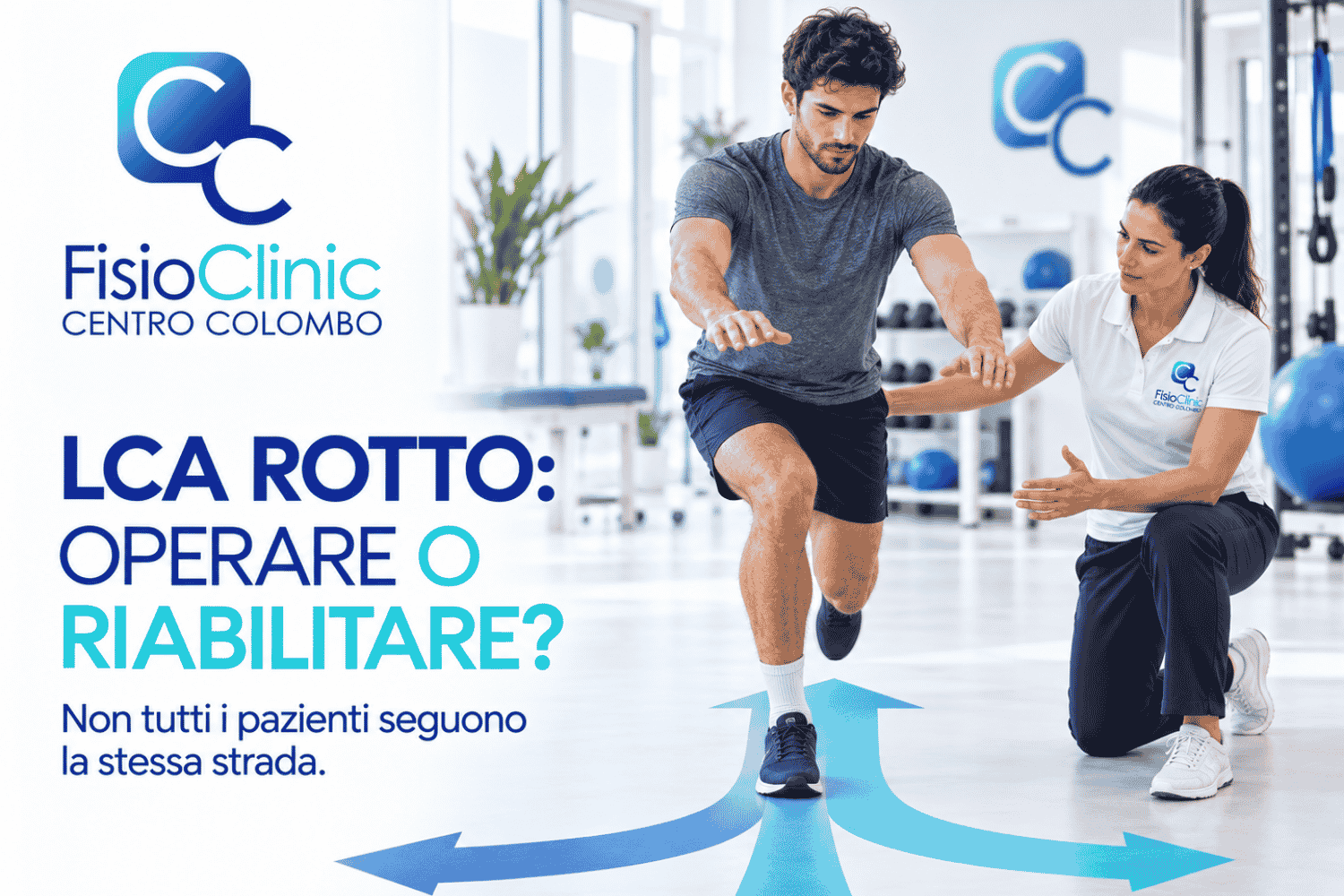 Paziente esegue un test monopodalico per la riabilitazione del legamento crociato anteriore sotto la supervisione di una fisioterapista FisioClinic.