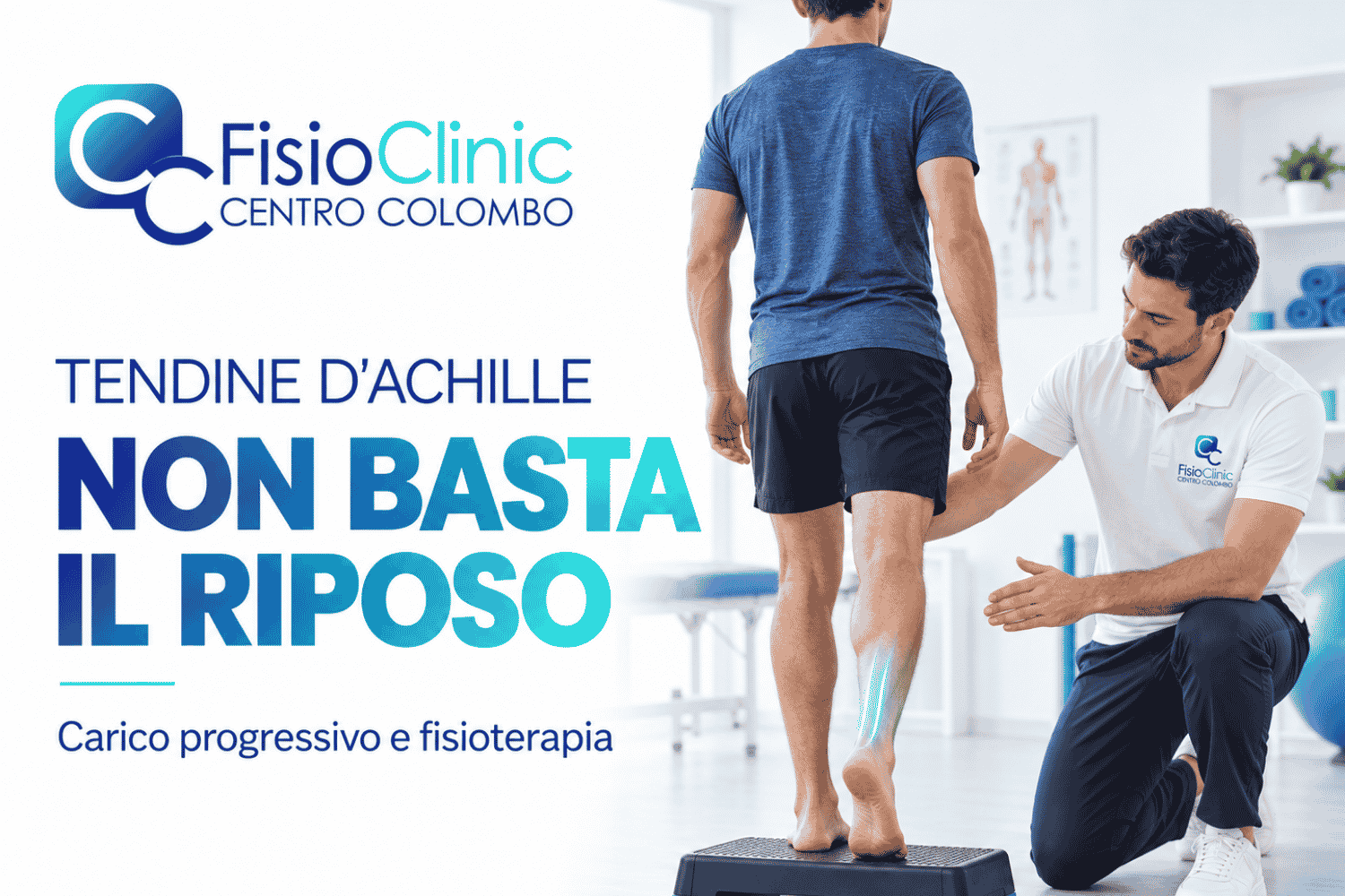 Paziente esegue un esercizio di carico progressivo per la tendinopatia achillea con un fisioterapista FisioClinic a Genova.