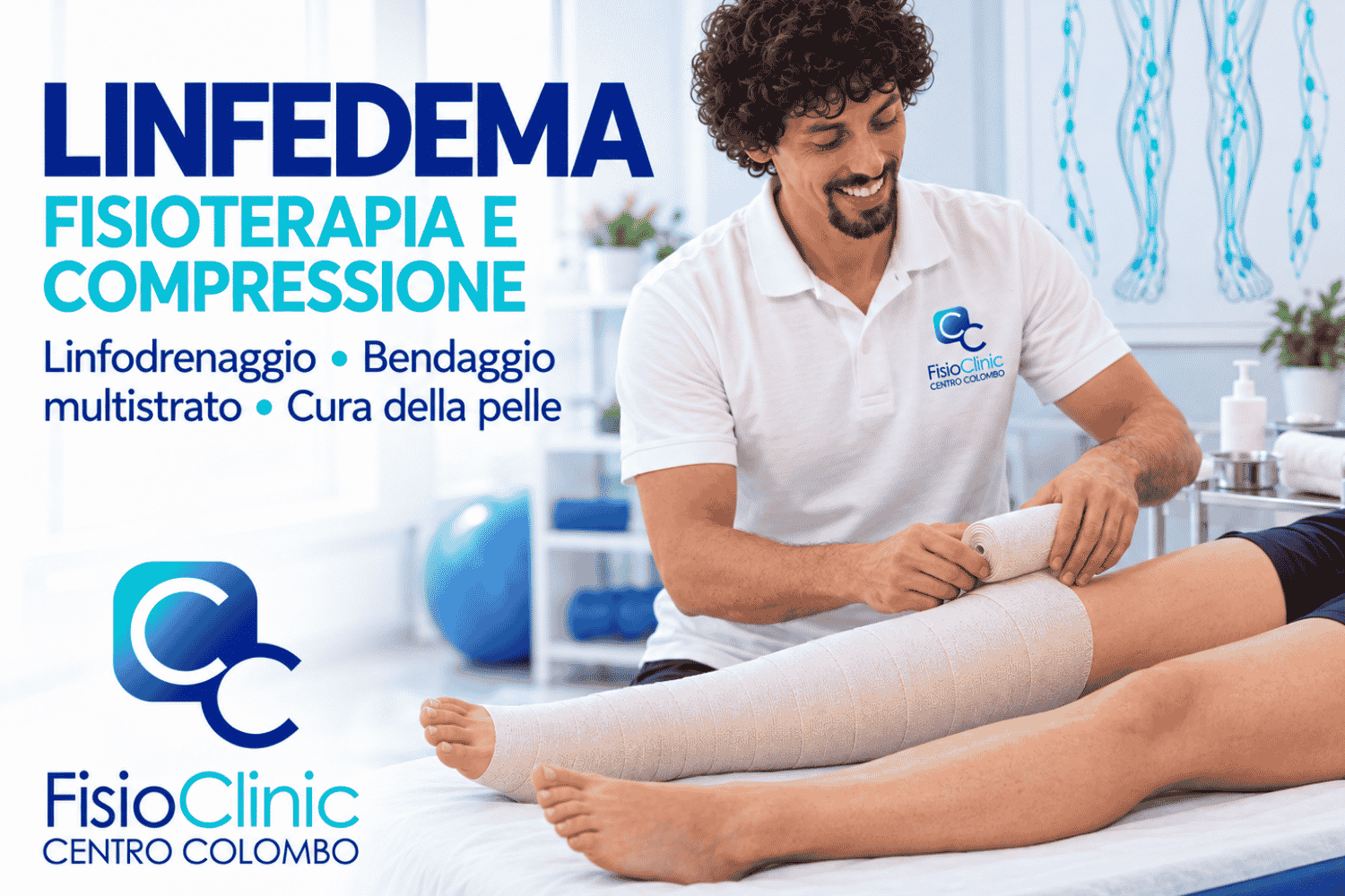 Fisioterapista applica un bendaggio compressivo multistrato alla gamba di una paziente con linfedema presso FisioClinic Genova.