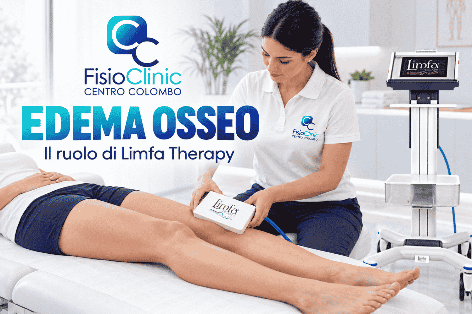 Grafica FisioClinic sull’edema osseo, con una scena illustrativa di applicazione della magnetoterapia al ginocchio.