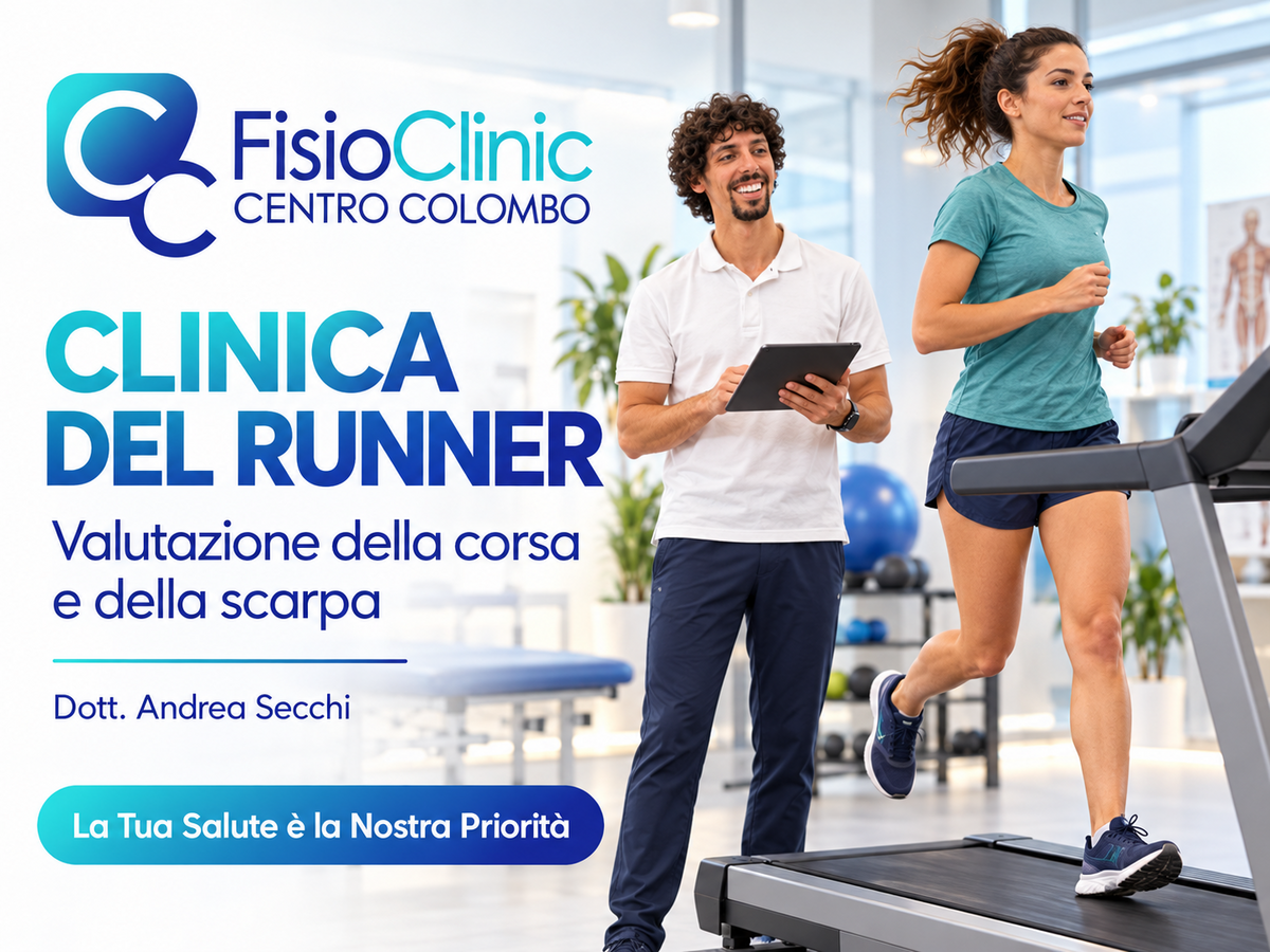 Grafica della Clinica del Runner FisioClinic con Andrea Secchi che osserva una runner sul tapis roulant, dedicata alla valutazione della corsa e della scarpa.
