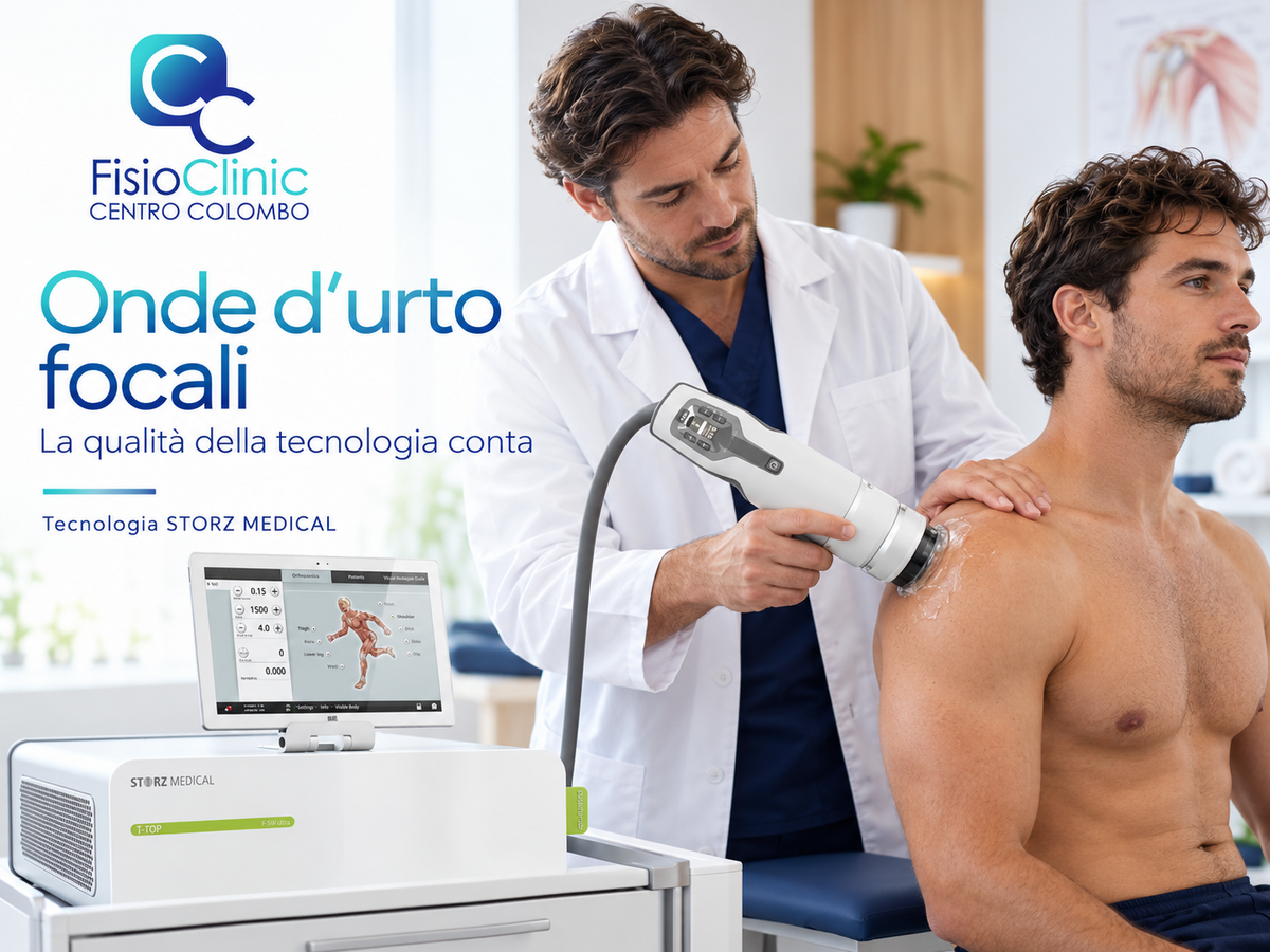 Grafica verticale FisioClinic con un medico che tratta la spalla di un paziente con onde d’urto focali STORZ MEDICAL.