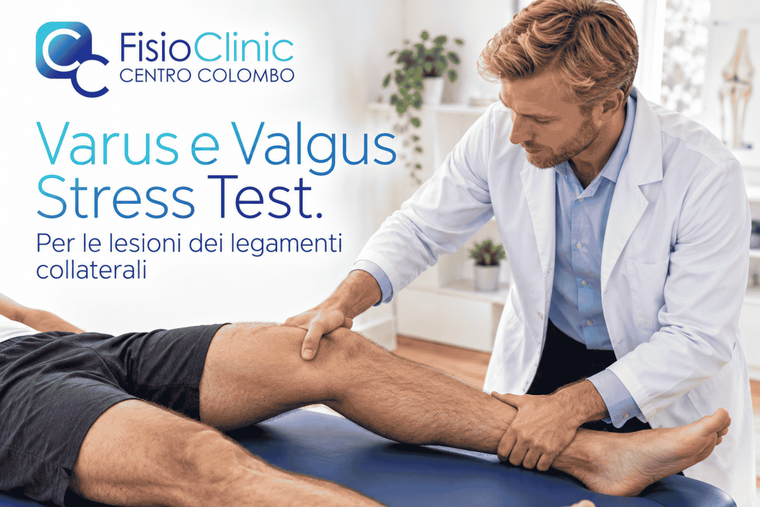 Grafica FisioClinic con un fisiatra che valuta il ginocchio di una paziente mediante una manovra illustrativa di stress in varo.