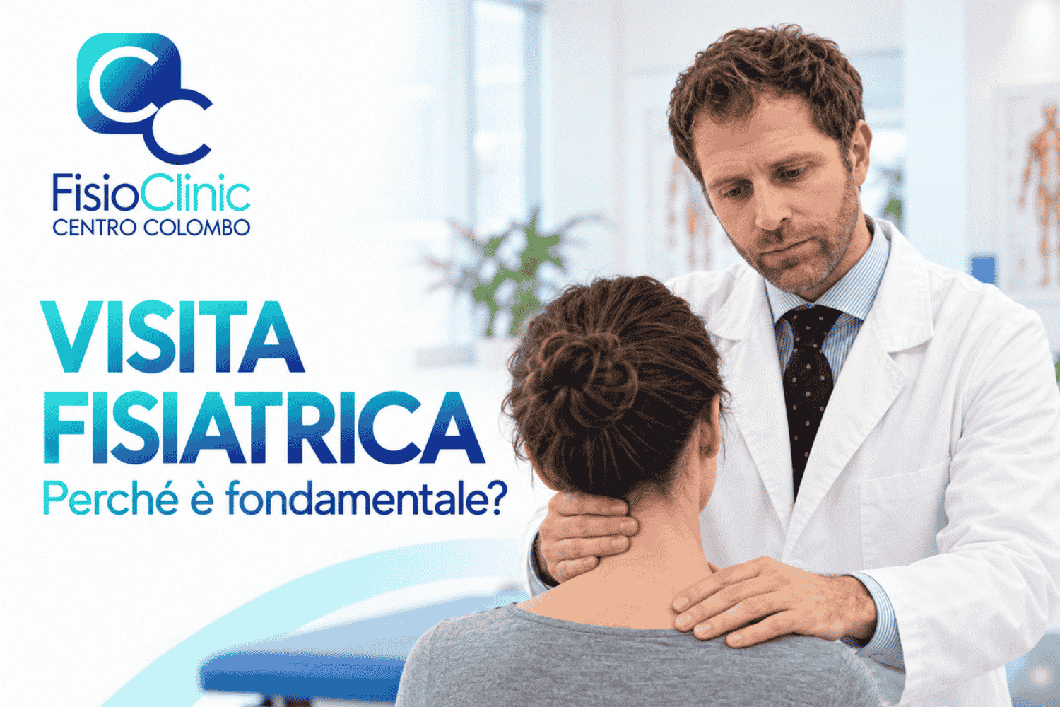 Grafica FisioClinic con Andrea Bertulessi raffigurato mentre esamina il ginocchio di un paziente e Vittorio Anfossi al computer.