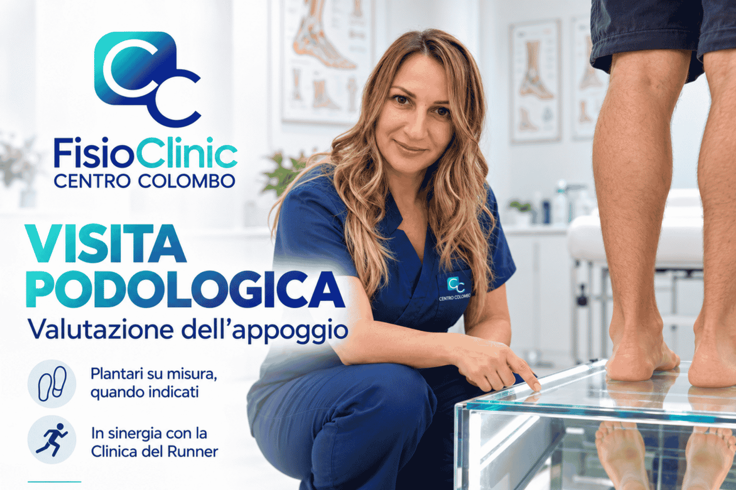 Grafica FisioClinic con la dott.ssa Nicoleta Iana e illustrazione dell’appoggio dei piedi su un podoscopio.